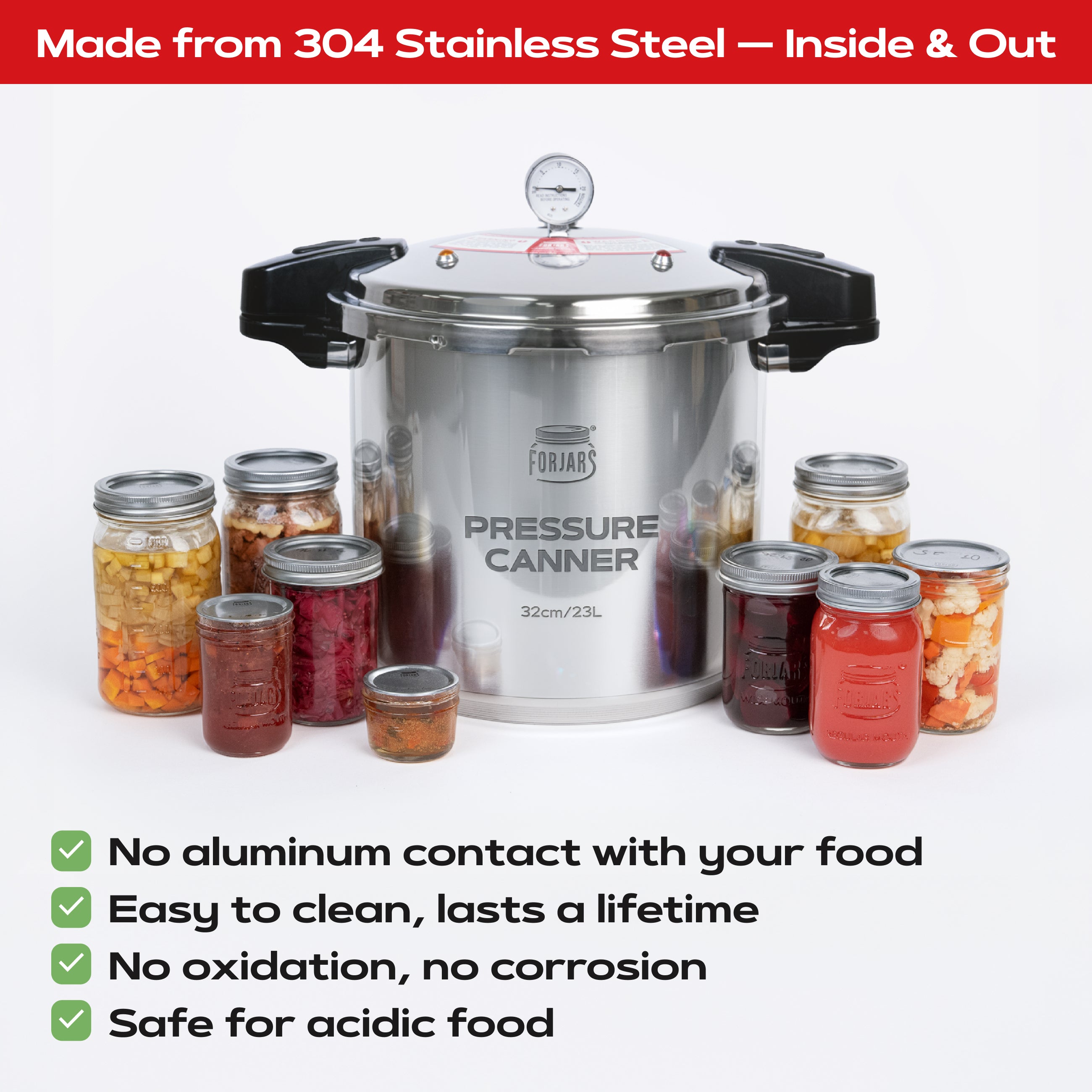 FORJARS® 23-Quart Pressure Canner — Now in Full 304 Stainless Steel
