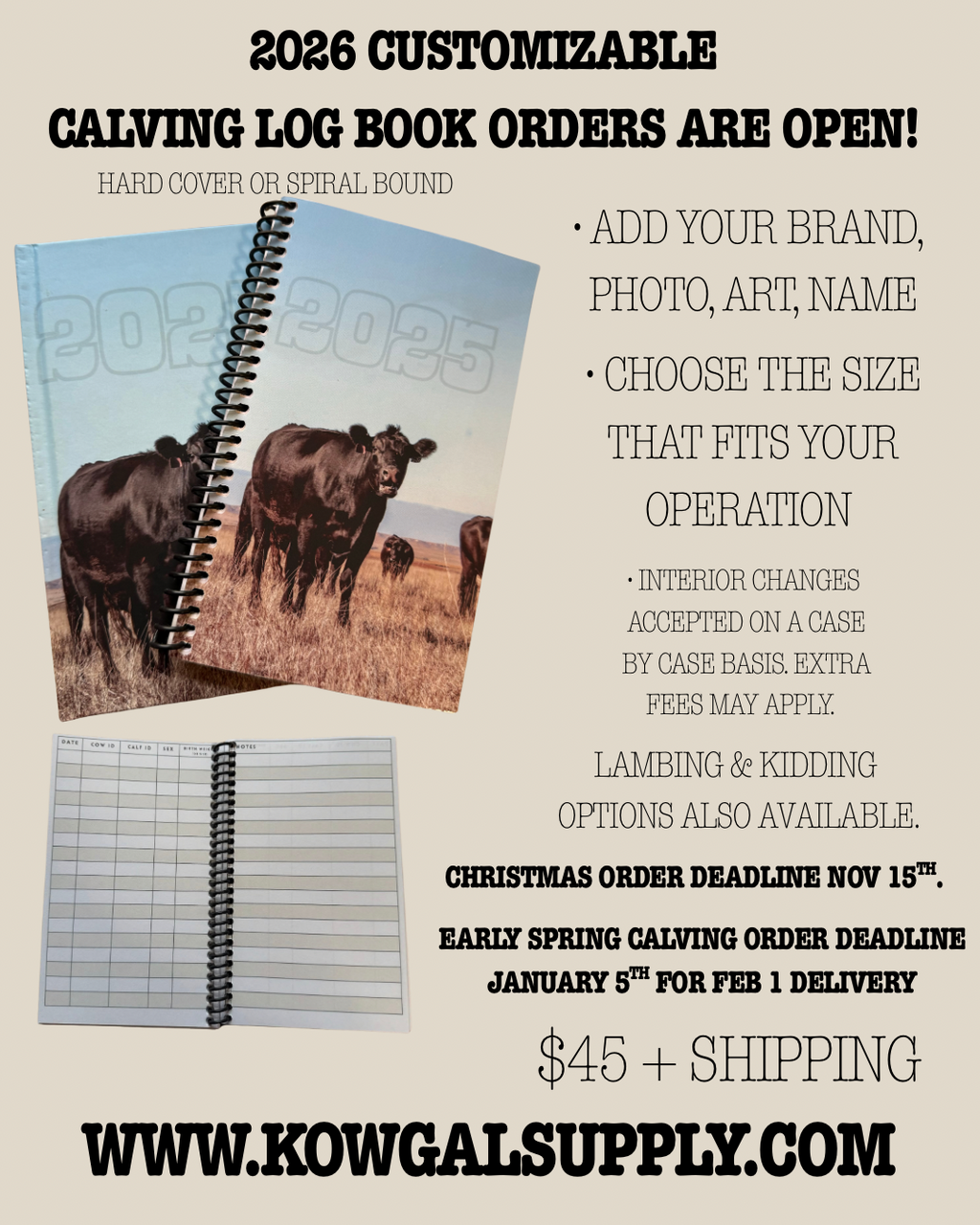 Customizable Calving Log Books