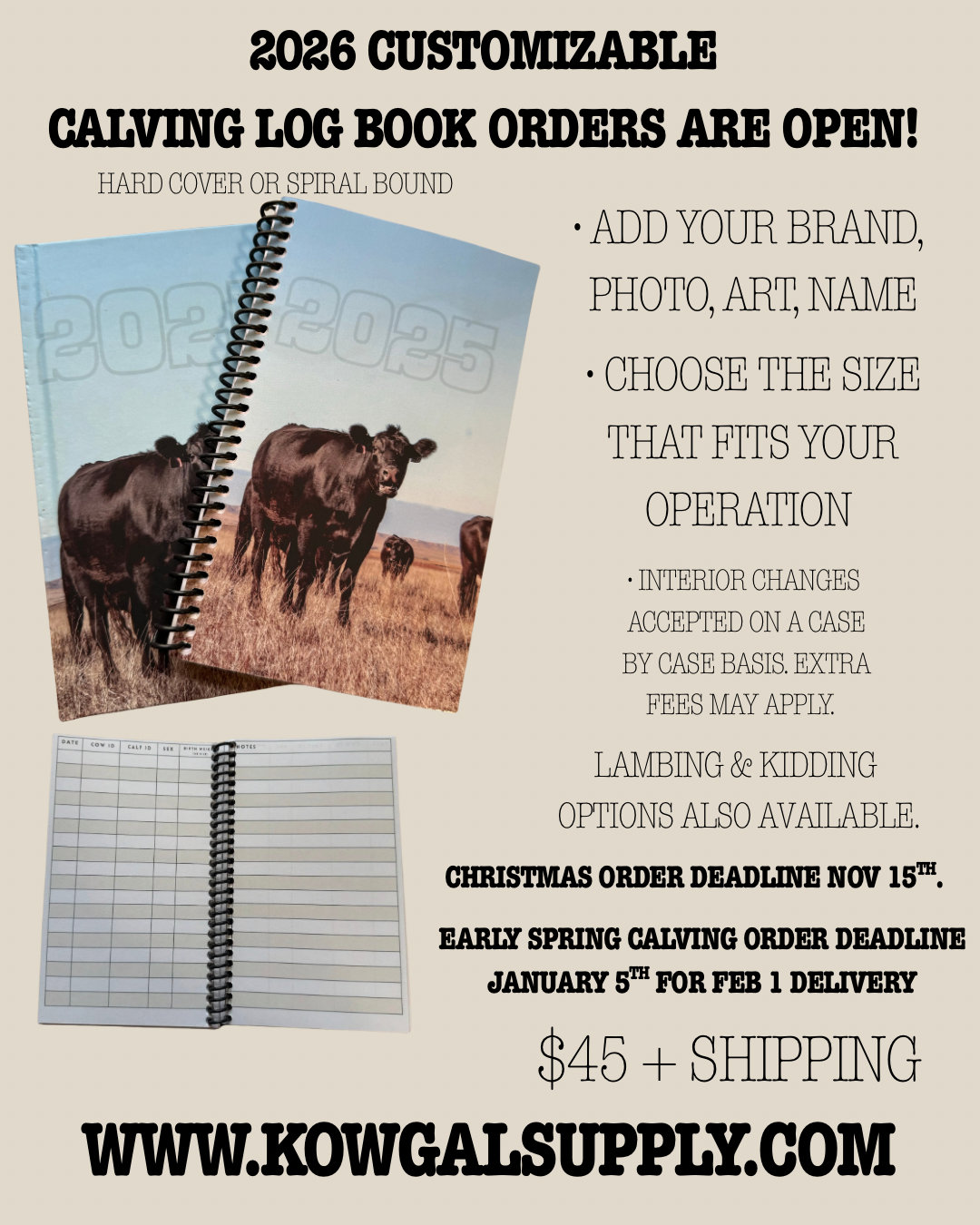 Customizable Calving Log Books